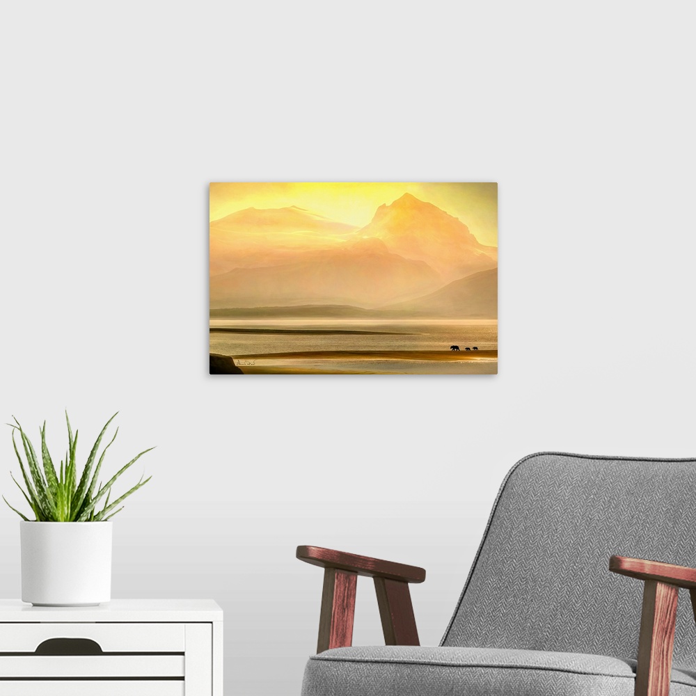 A modern room featuring Composite of glowing mountain sunset in Katmai National Park, Alaska, with a family of brown bear...