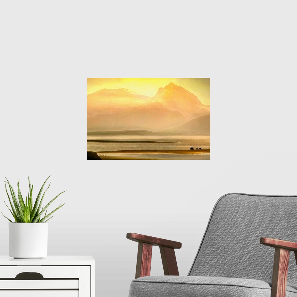 A modern room featuring Composite of glowing mountain sunset in Katmai National Park, Alaska, with a family of brown bear...