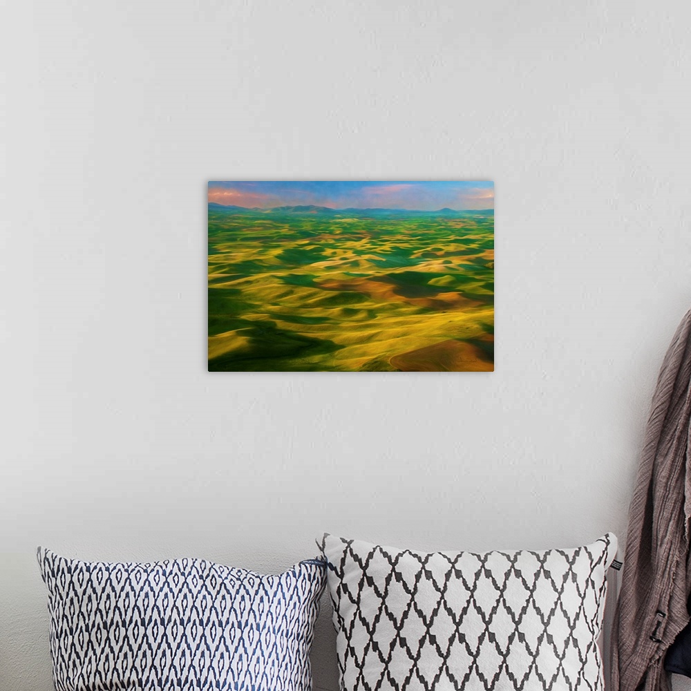 A bohemian room featuring Digital photo art view of agricultural "golf course" from Steptoe Butte, Palouse, Washington, USA.