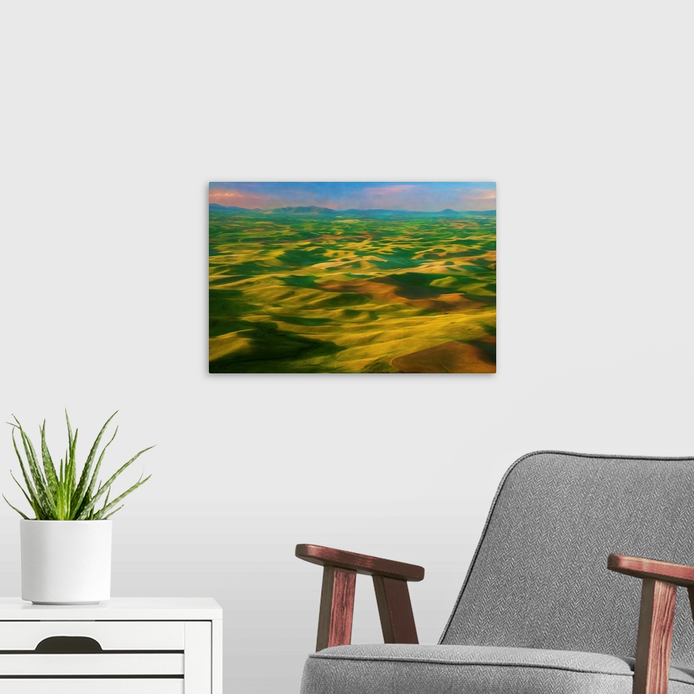 A modern room featuring Digital photo art view of agricultural "golf course" from Steptoe Butte, Palouse, Washington, USA.