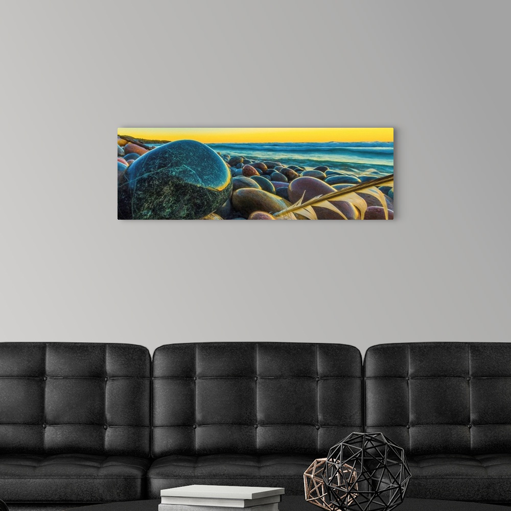 A modern room featuring Digital photo art of Pebble Beach on the shores of Lake Superior, Marathon, ON, Canada.