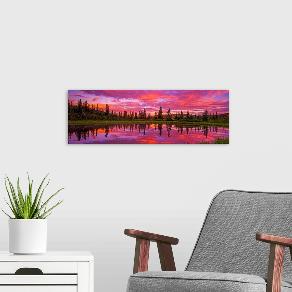 A modern room featuring Sunset reflected in Nugget Pond, Denali National Park, Alaska.