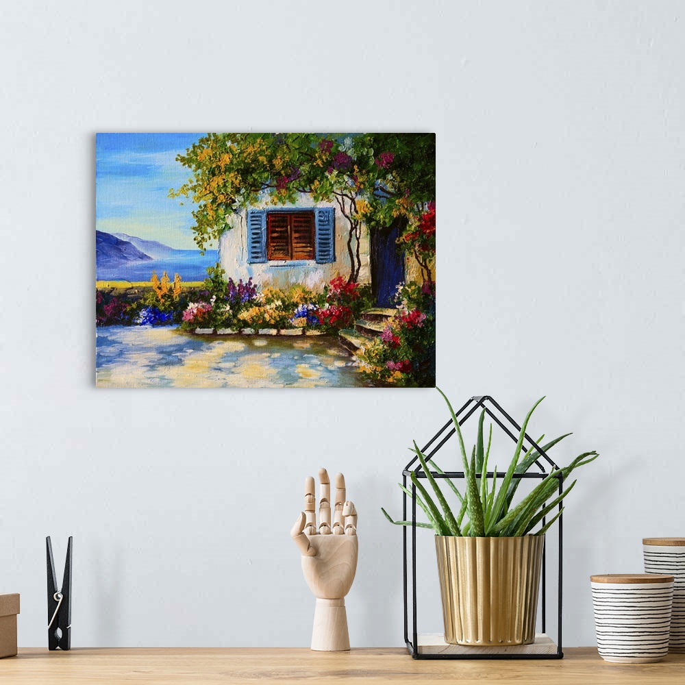 A bohemian room featuring Originally an oil painting on canvas of beautiful houses near the sea, abstract drawing.