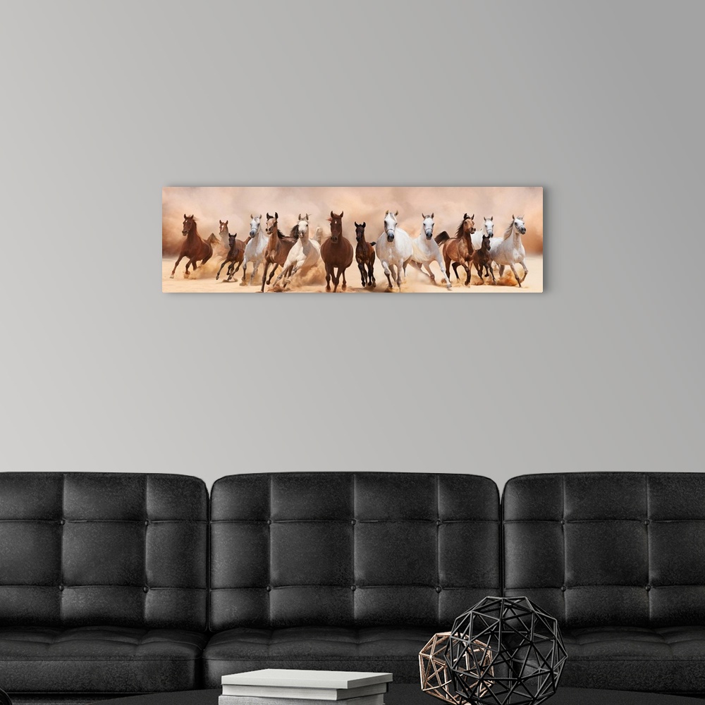 A modern room featuring A herd of horses running on the sand storm.