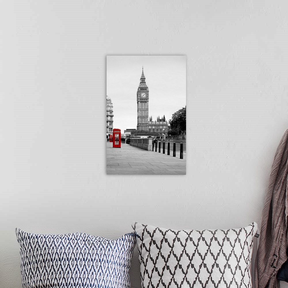 A bohemian room featuring A traditional red phone booth in London with Big Ben in the background.