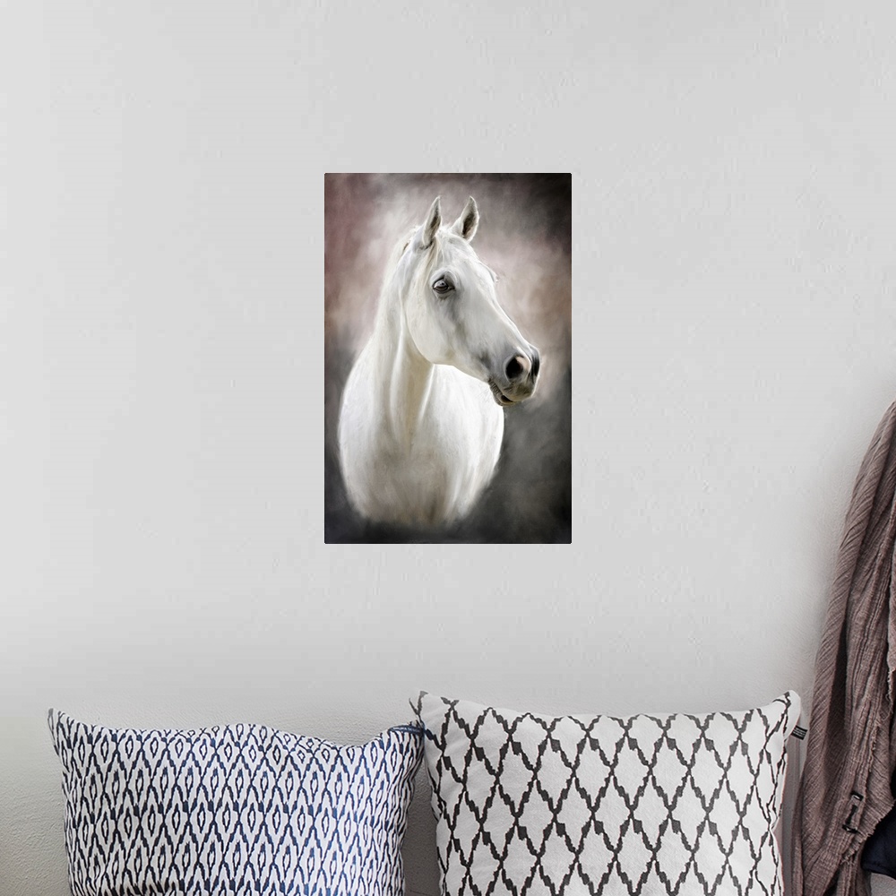 A bohemian room featuring A photograph stylized as a painted portrait of a white horse.