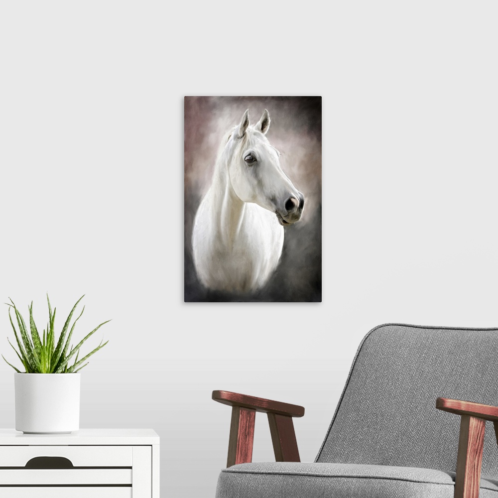 A modern room featuring A photograph stylized as a painted portrait of a white horse.