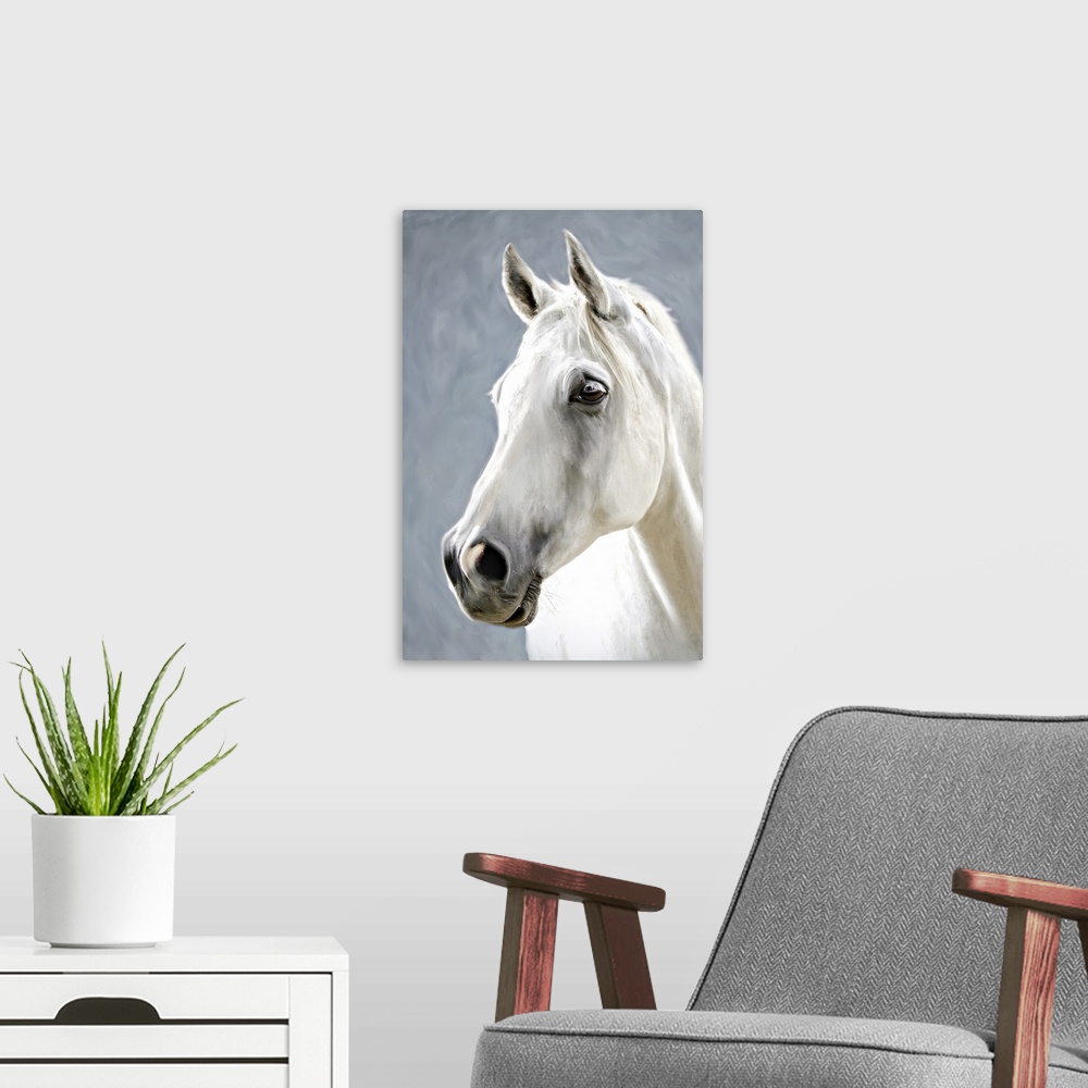 A modern room featuring A photograph stylized as painting of a portrait of a white horse.