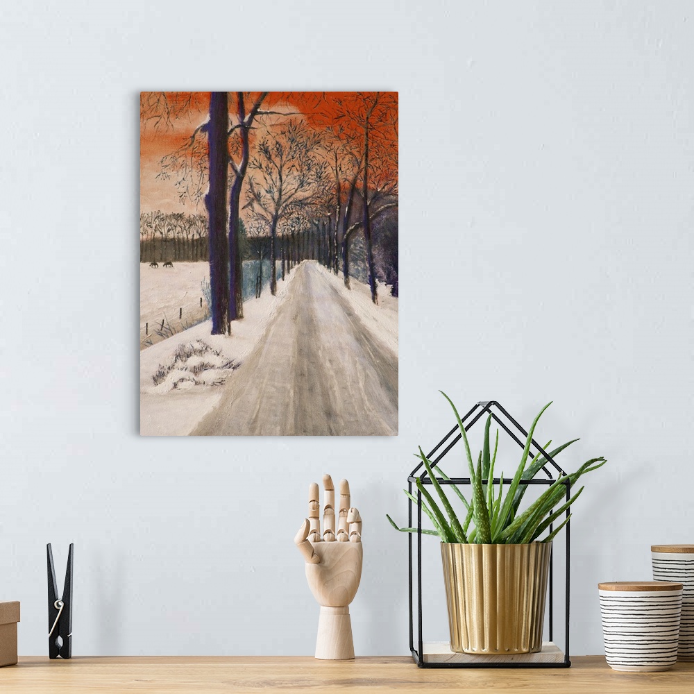 A bohemian room featuring Originally an oil painting of a winter landscape.