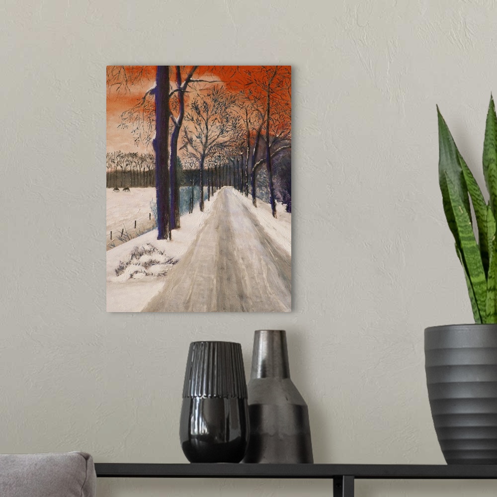 A modern room featuring Originally an oil painting of a winter landscape.