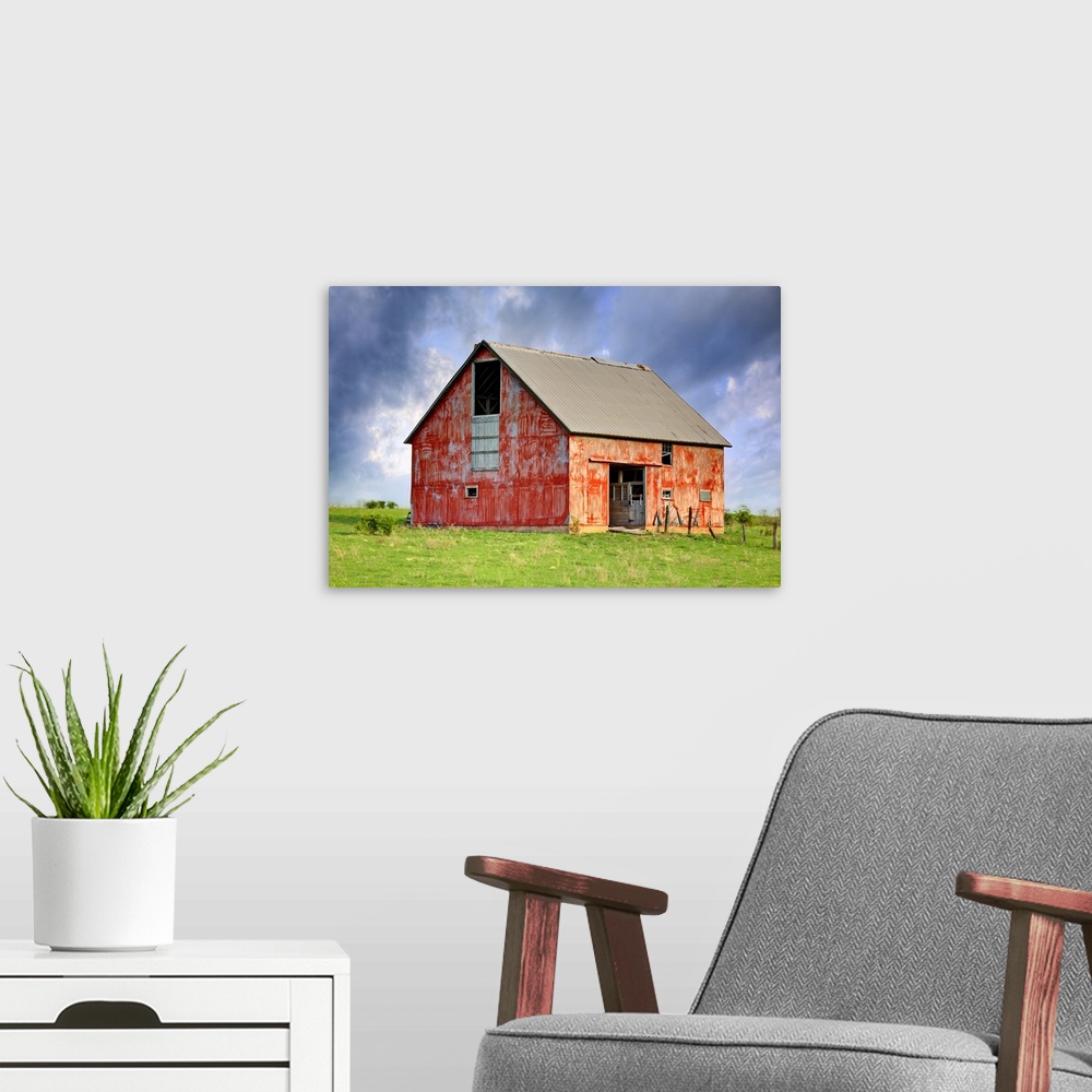 A modern room featuring A high dynamic range image of an old abandoned barn.