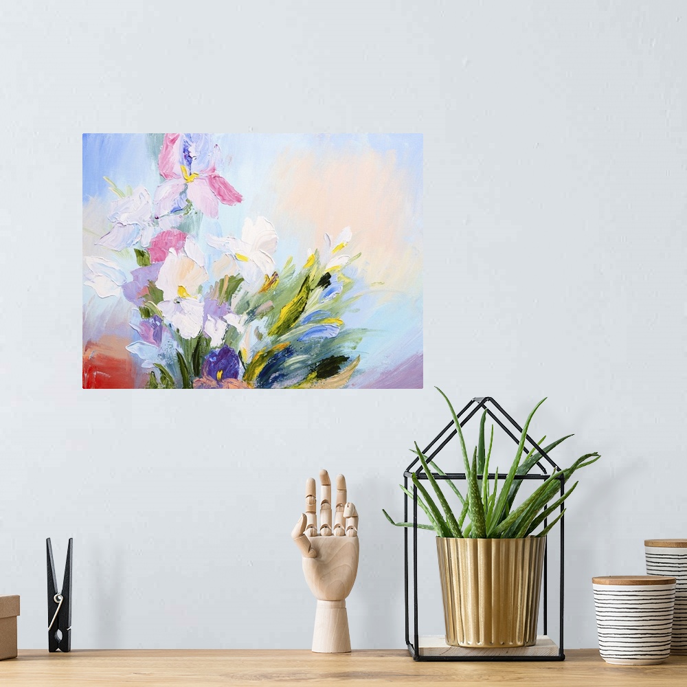 A bohemian room featuring Originally an oil painting of an abstract bouquet of spring flowers.