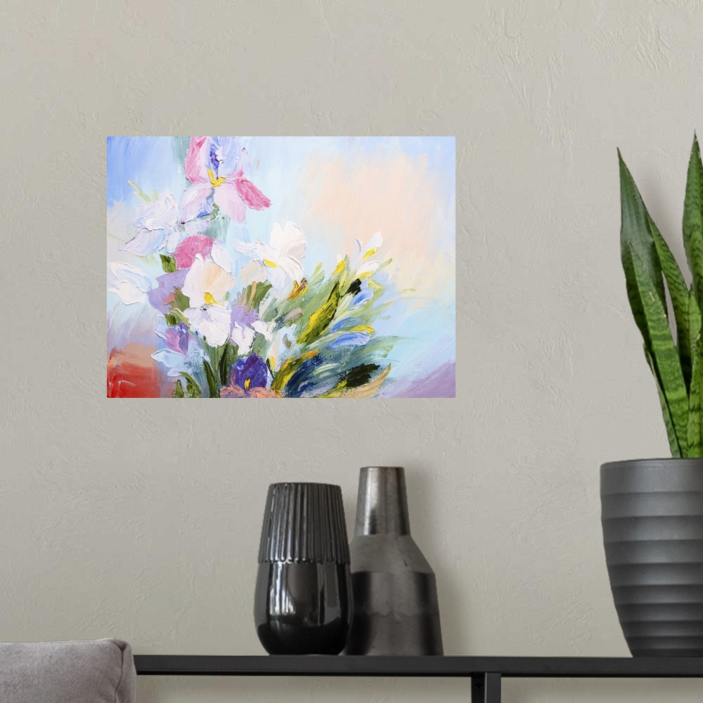 A modern room featuring Originally an oil painting of an abstract bouquet of spring flowers.