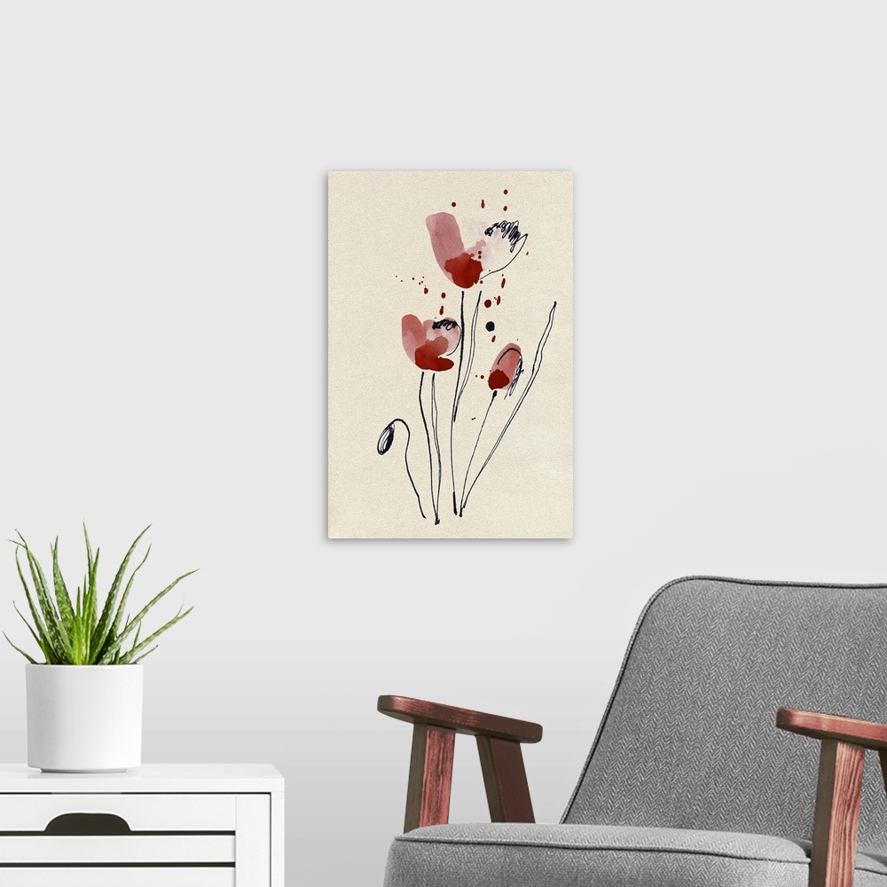 A modern room featuring Floral summer design with hand-painted abstract flowers.