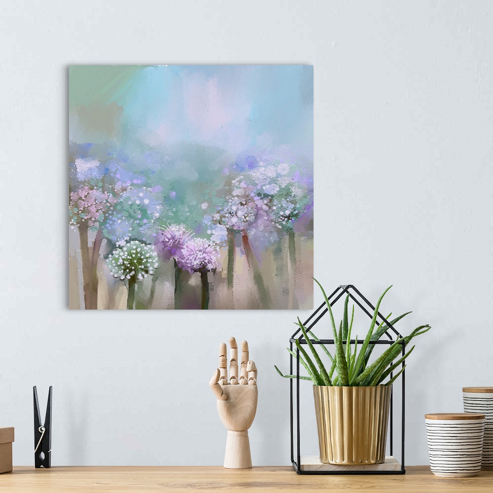 A bohemian room featuring Abstract flowers onion, originally an oil painting.