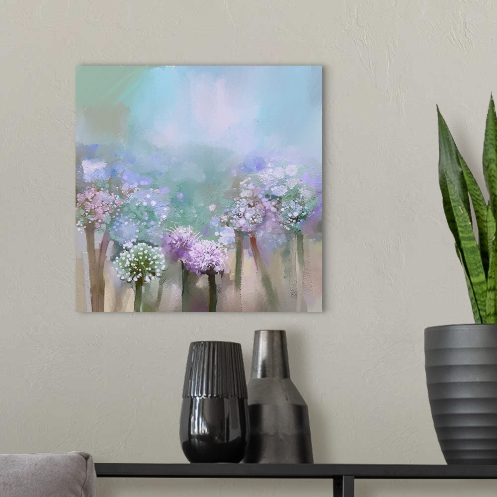 A modern room featuring Abstract flowers onion, originally an oil painting.