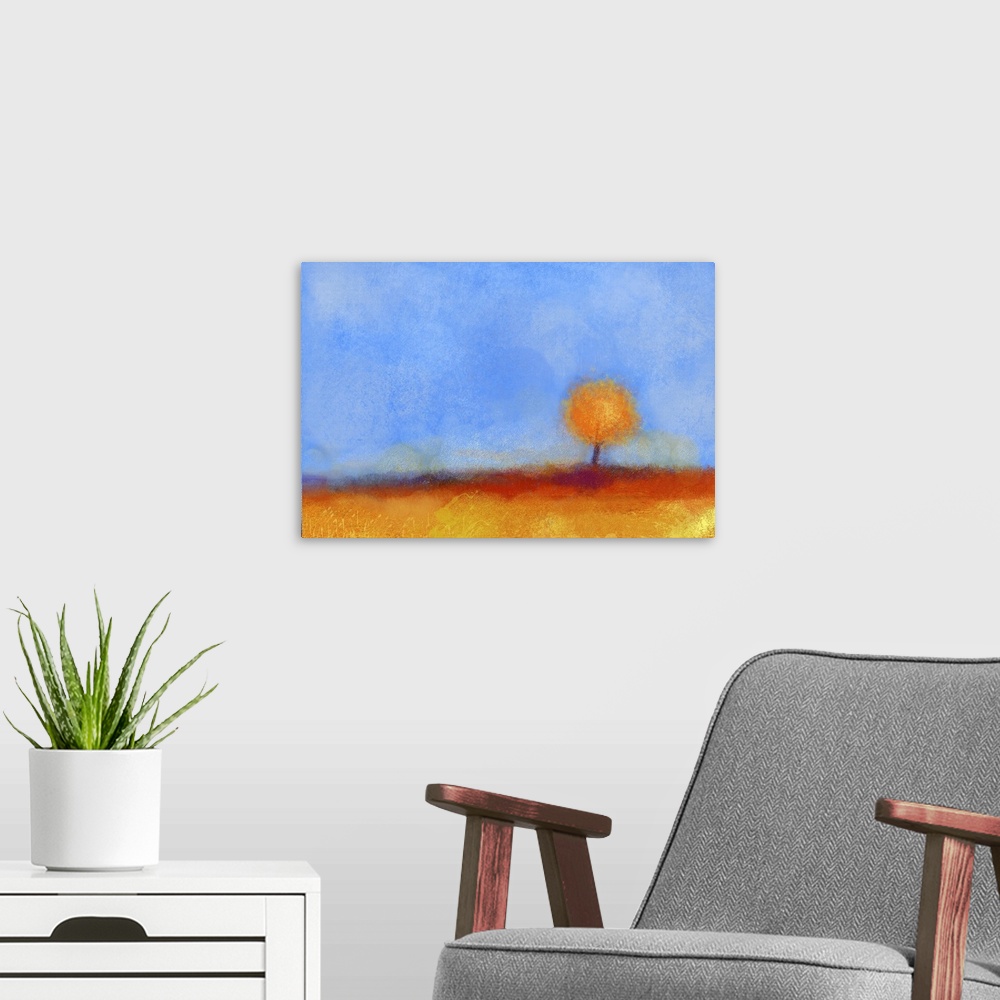 A modern room featuring Abstract landscape, tree and field, originally an oil painting. Yellow, orange, red color and blu...