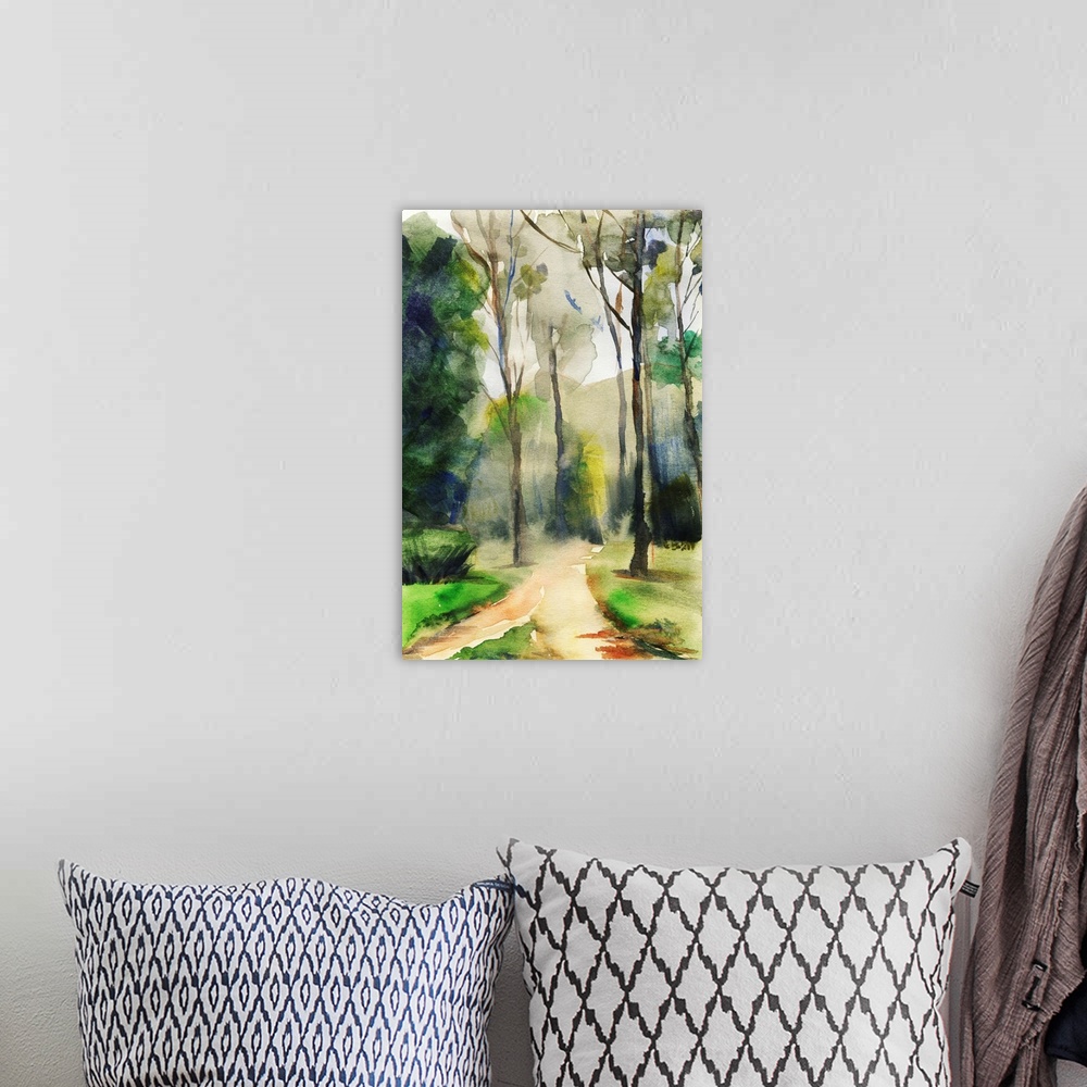 A bohemian room featuring Abstract landscape with trees and walkway. Originally a watercolor illustration in sketch style.