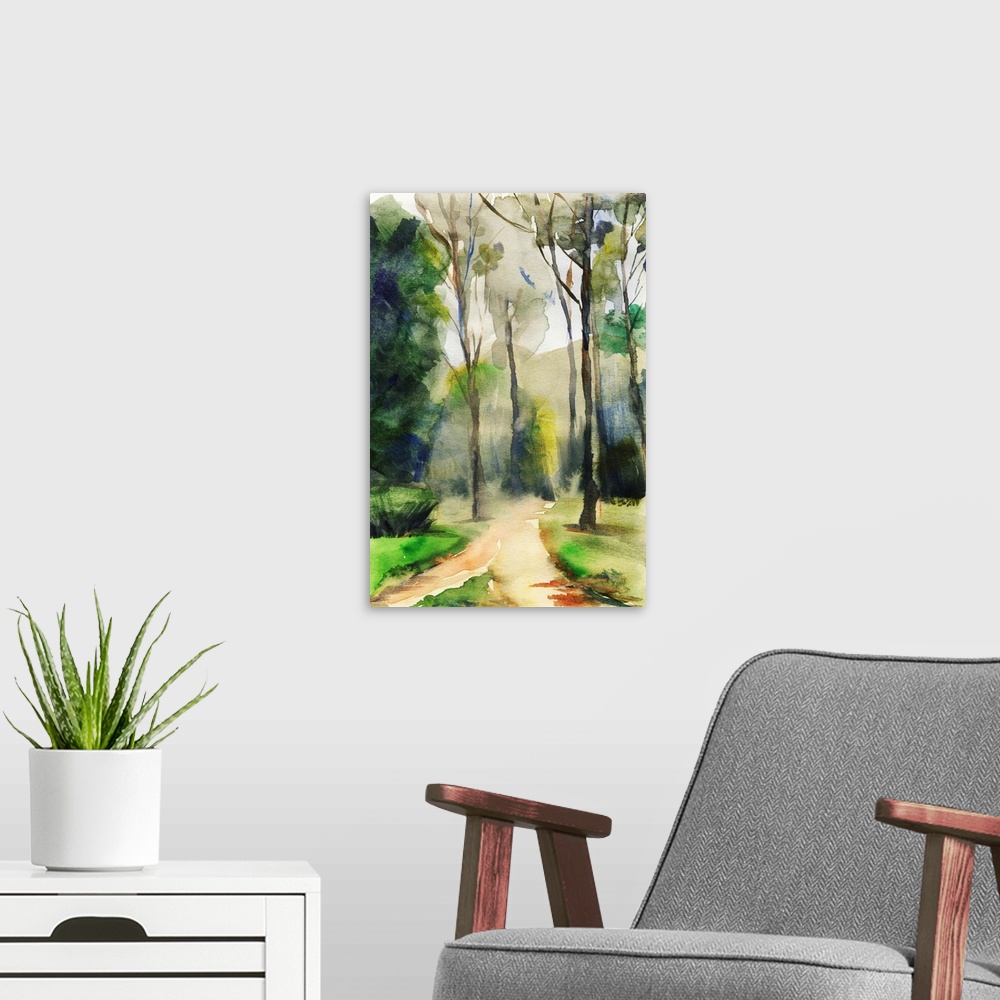A modern room featuring Abstract landscape with trees and walkway. Originally a watercolor illustration in sketch style.