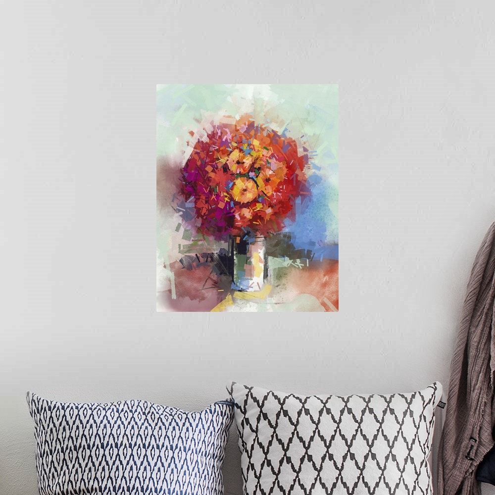 A bohemian room featuring Abstract still life a bouquet of flowers. Originally an oil painting red gerbera flowers in vase....