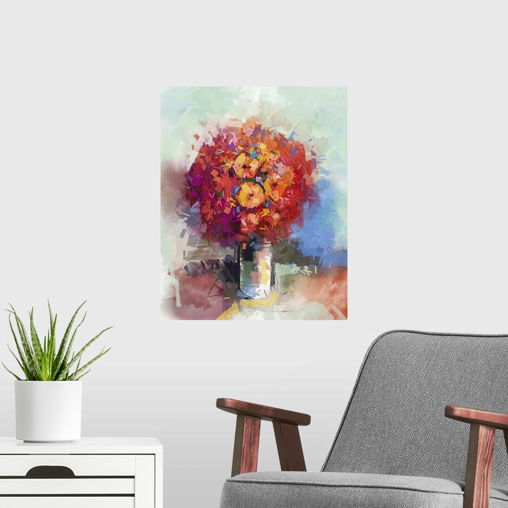 A modern room featuring Abstract still life a bouquet of flowers. Originally an oil painting red gerbera flowers in vase....