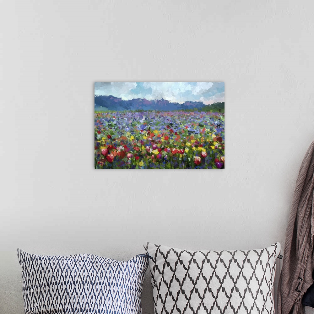 A bohemian room featuring Originally an oil painting of a colorful spring summer rural landscape. Abstract tulips flowers b...