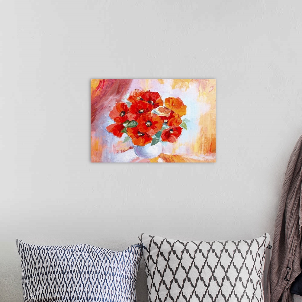 A bohemian room featuring Originally an oil painting still life, abstract watercolor bouquet of poppies.