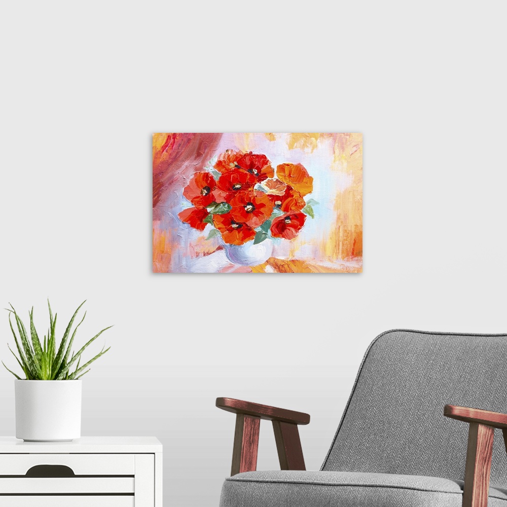 A modern room featuring Originally an oil painting still life, abstract watercolor bouquet of poppies.