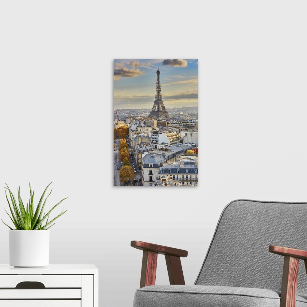 A modern room featuring Aerial Panoramic Cityscape View Of Paris, France With The Eiffel Tower On A Fall Day