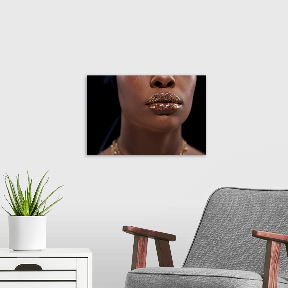 A modern room featuring African-American Woman With Sparkling Lip Gloss