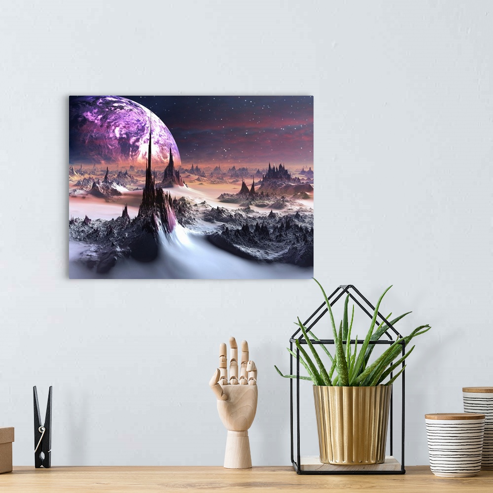 A bohemian room featuring View across a snow swept landscape with huge needle rock mountains to a purple water planet in or...
