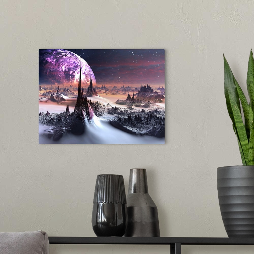 A modern room featuring View across a snow swept landscape with huge needle rock mountains to a purple water planet in or...