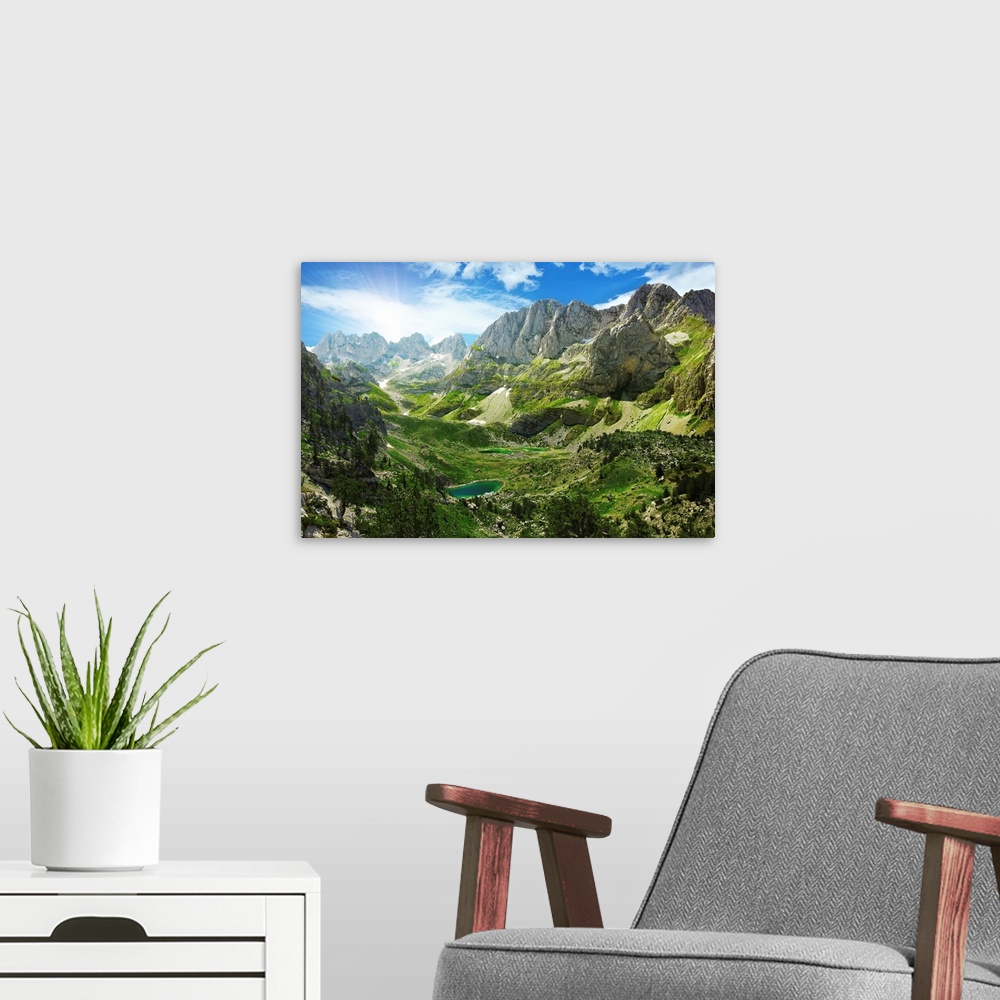 A modern room featuring Amazing view of mountain lakes in Albanian Alps, National Park Theth, Albania.