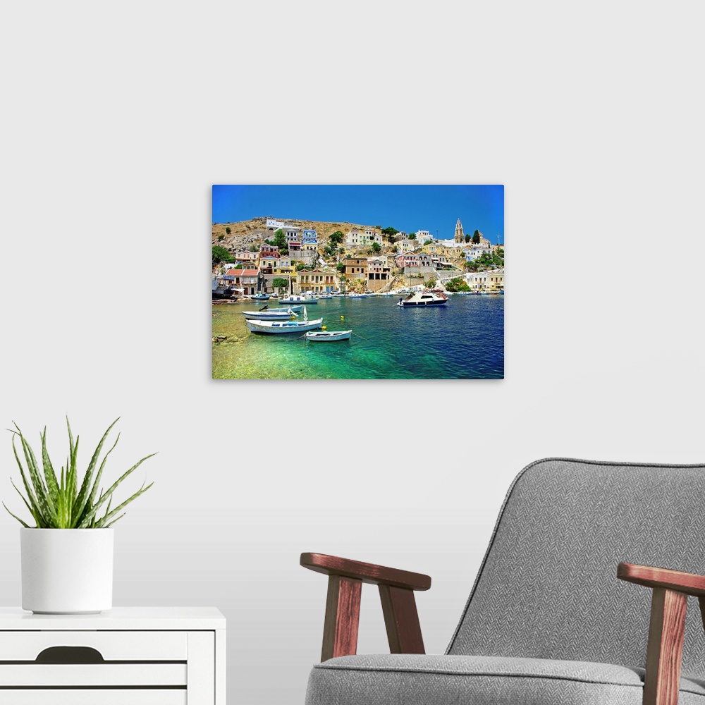 A modern room featuring Amazing Greece - pictorial island Symi.