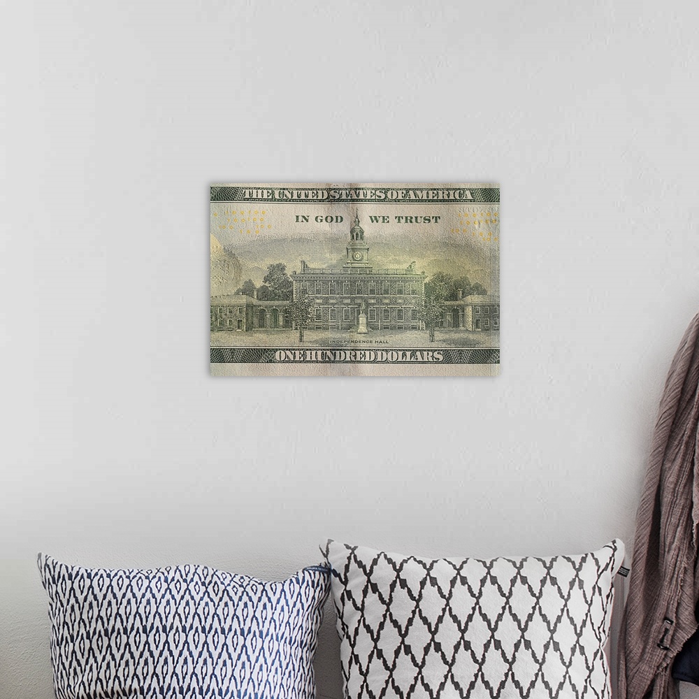A bohemian room featuring Fragment of an American dollar bill, banknote background.