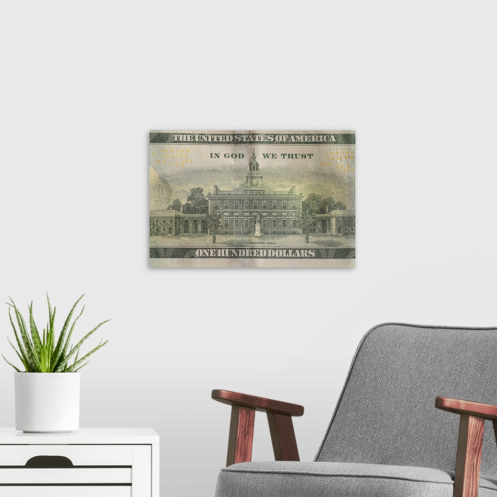 A modern room featuring Fragment of an American dollar bill, banknote background.