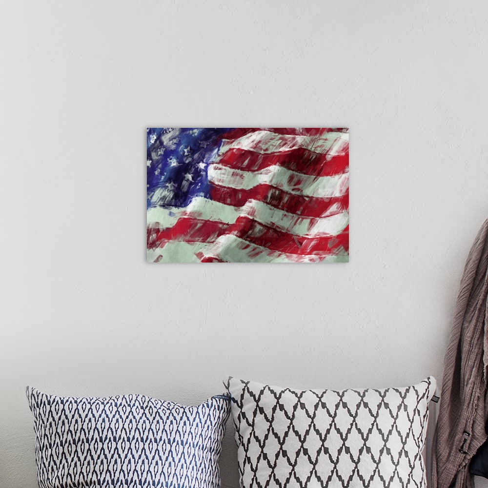A bohemian room featuring USA flag abstract painting background.