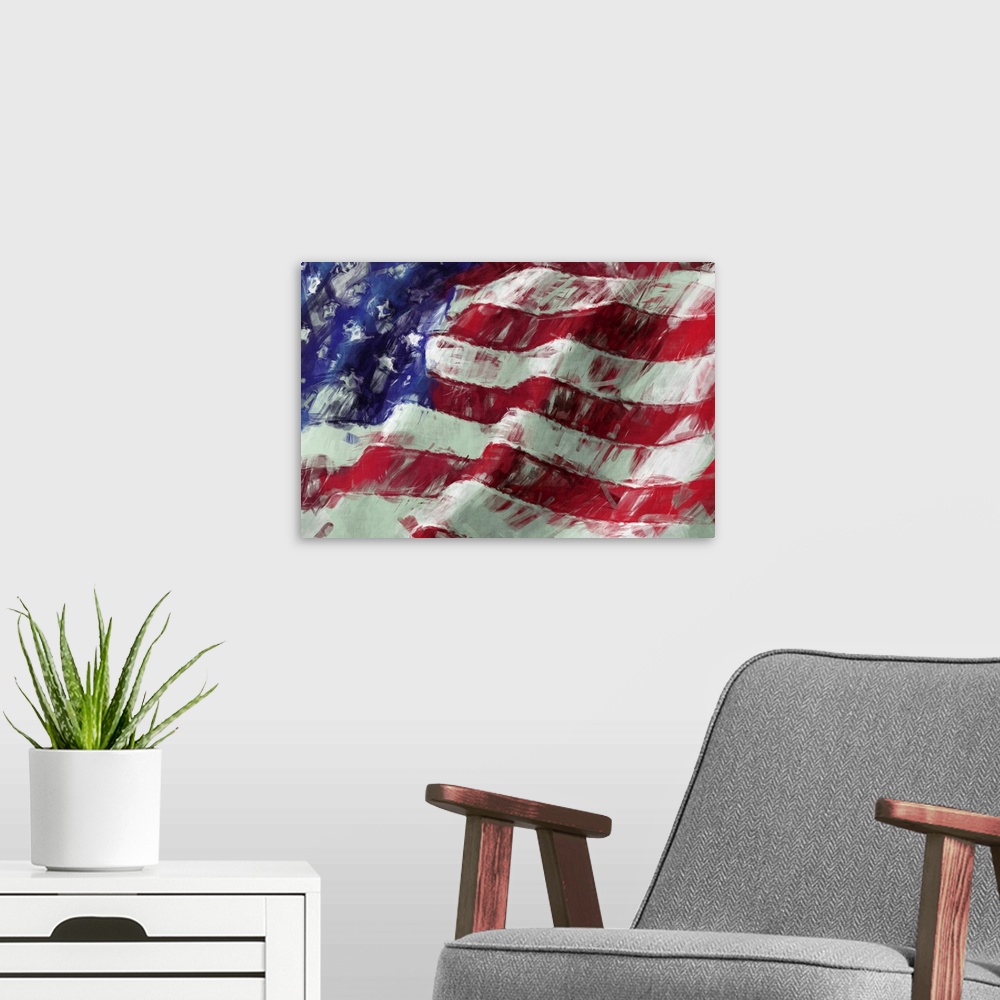 A modern room featuring USA flag abstract painting background.