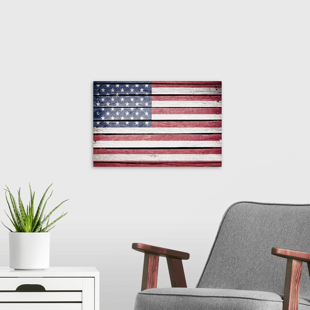 A modern room featuring American flag painted on old wood plank background.