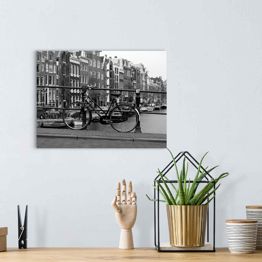 A bohemian room featuring Black and white view of Amsterdam.