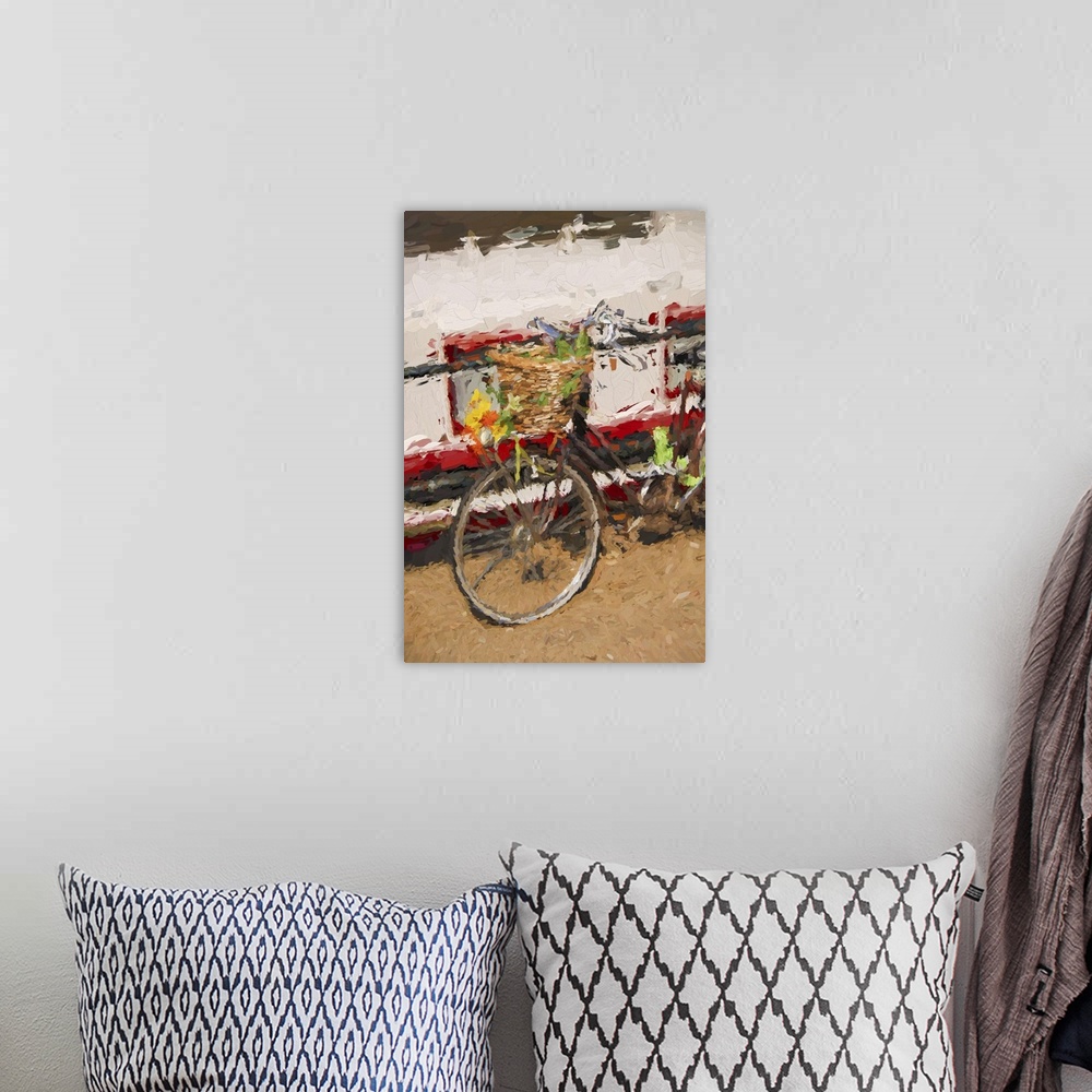 A bohemian room featuring Amsterdam city with bicycles in Holland, artwork in a painting style.