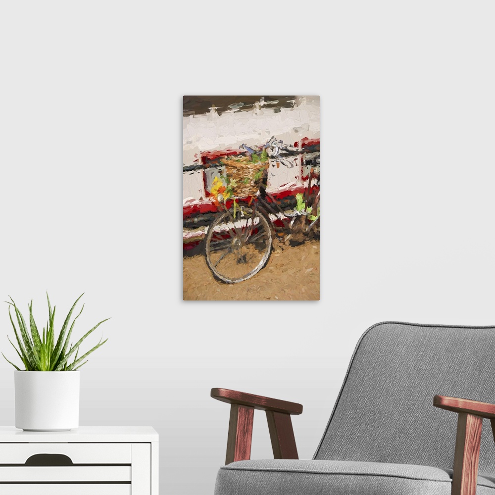A modern room featuring Amsterdam city with bicycles in Holland, artwork in a painting style.