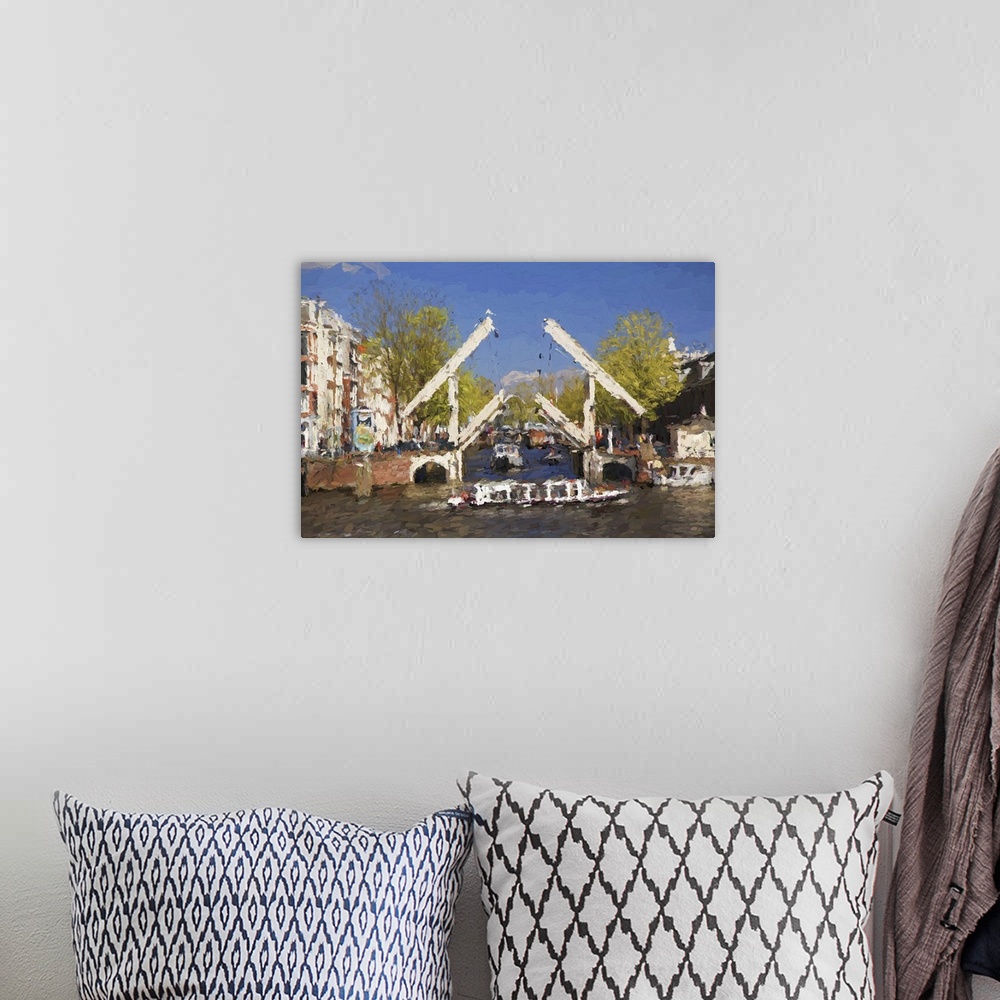 A bohemian room featuring Famous Amsterdam city in Holland, artwork in painting style.