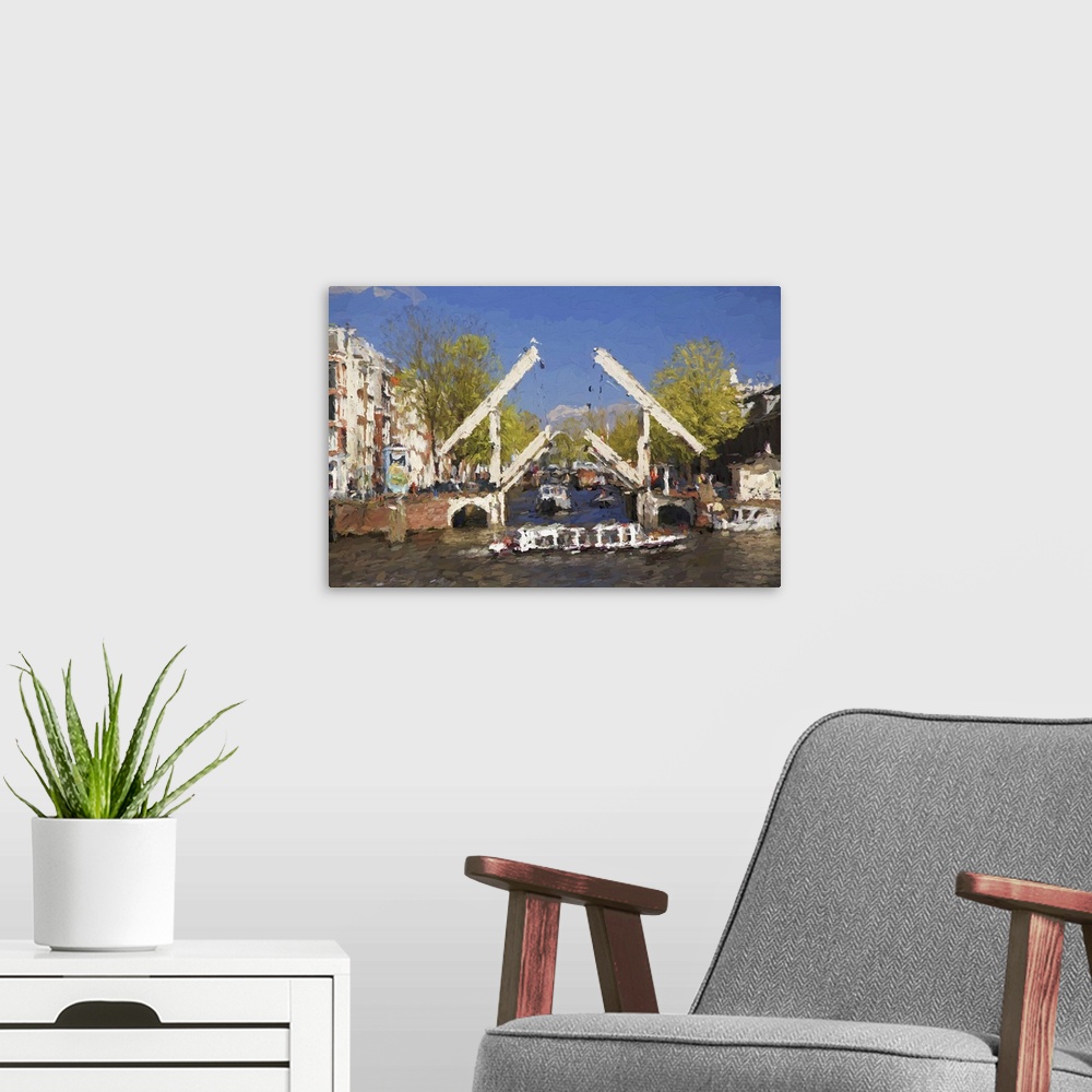 A modern room featuring Famous Amsterdam city in Holland, artwork in painting style.