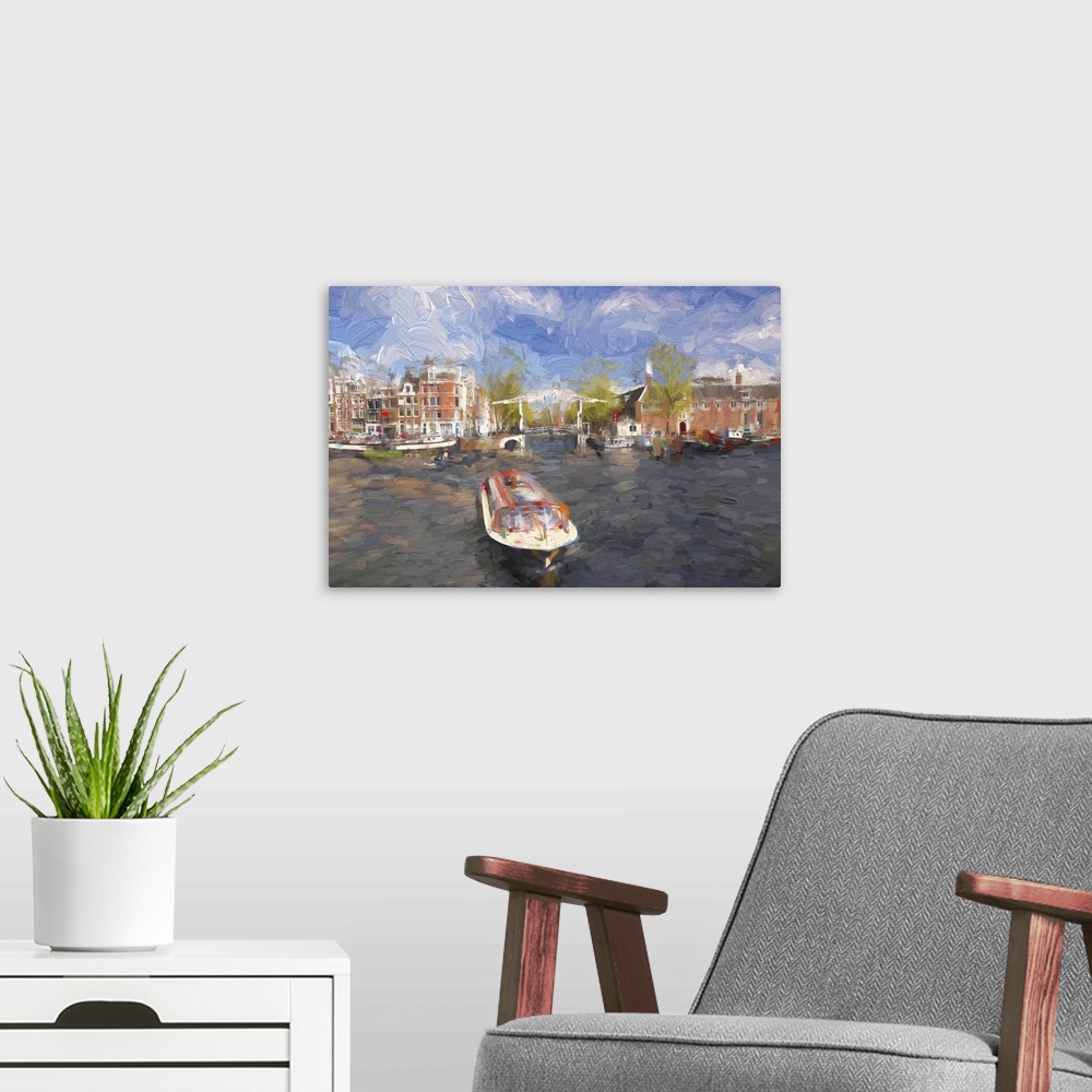 A modern room featuring Famous Amsterdam city in Holland, artwork in a painting style.