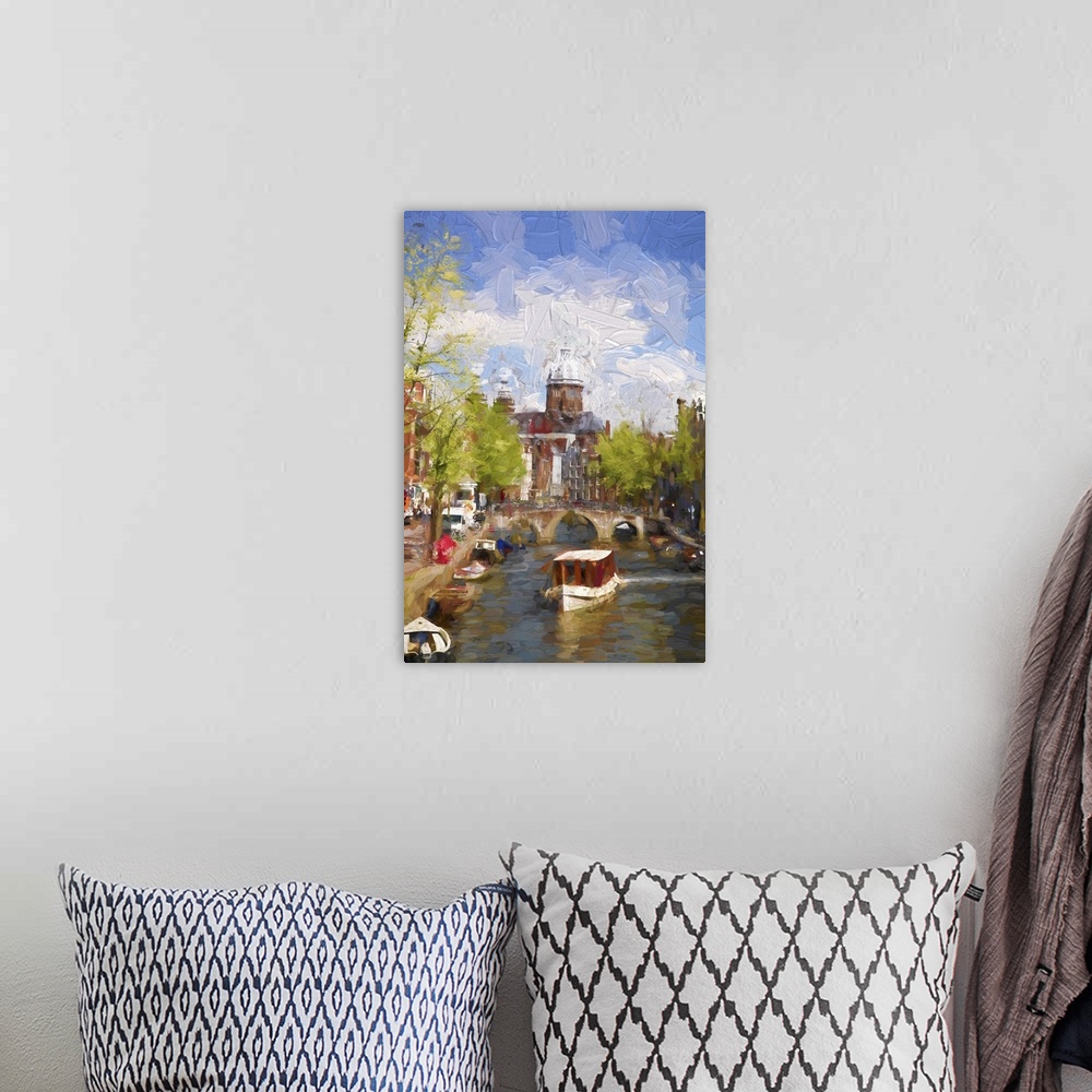 A bohemian room featuring Famous Amsterdam city in Holland, artwork in a painting style.