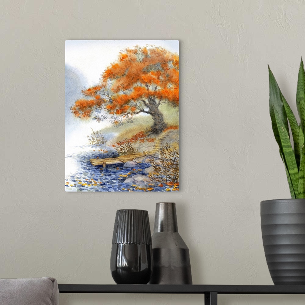 A modern room featuring Originally a watercolor landscape. The path to a quiet lake in the mist by the old tree.
