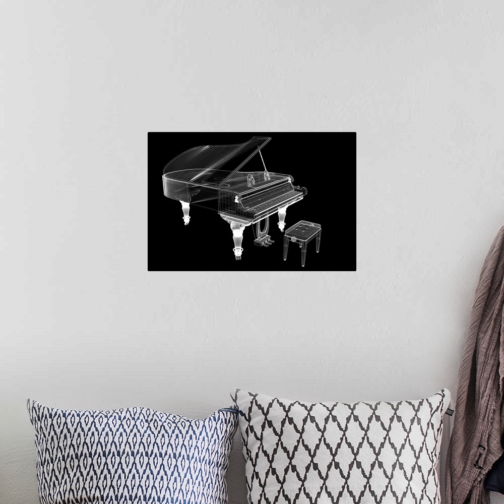 A bohemian room featuring Antique grand piano with path, 3D model body structure, wire model.