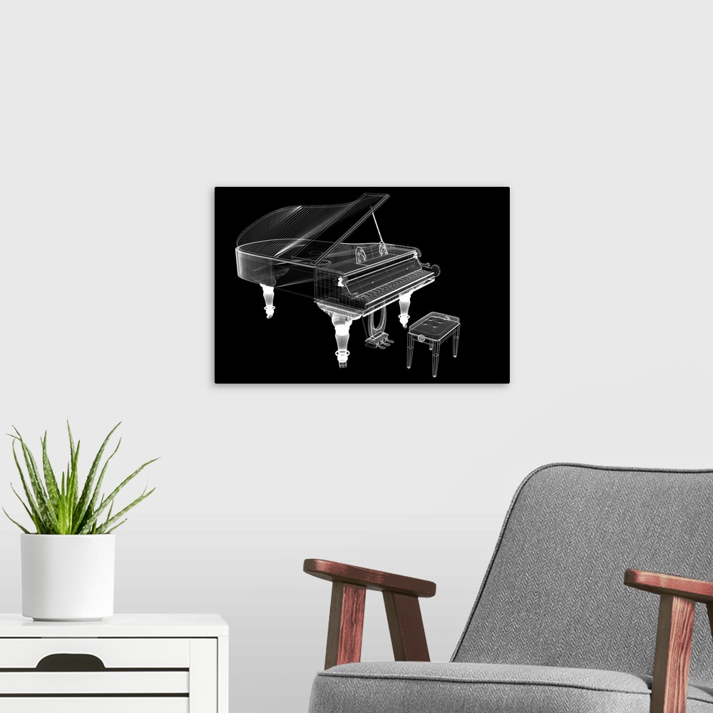 A modern room featuring Antique grand piano with path, 3D model body structure, wire model.