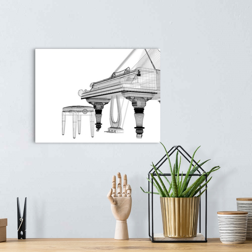 A bohemian room featuring Antique grand piano with path, 3D model body structure, wire model.